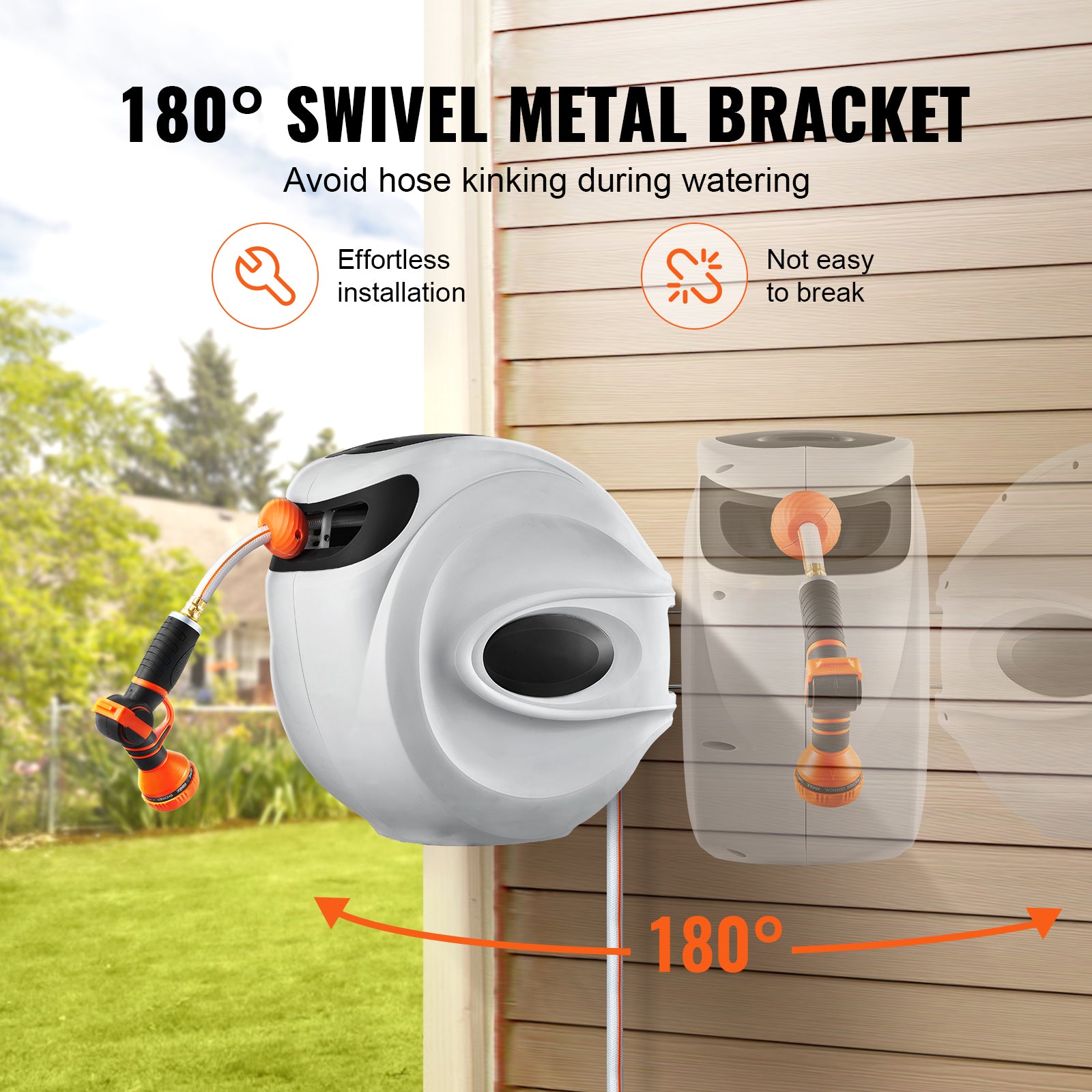 Retractable Garden Hose Reel - Auto-Rewind Wall Mounted Swivel