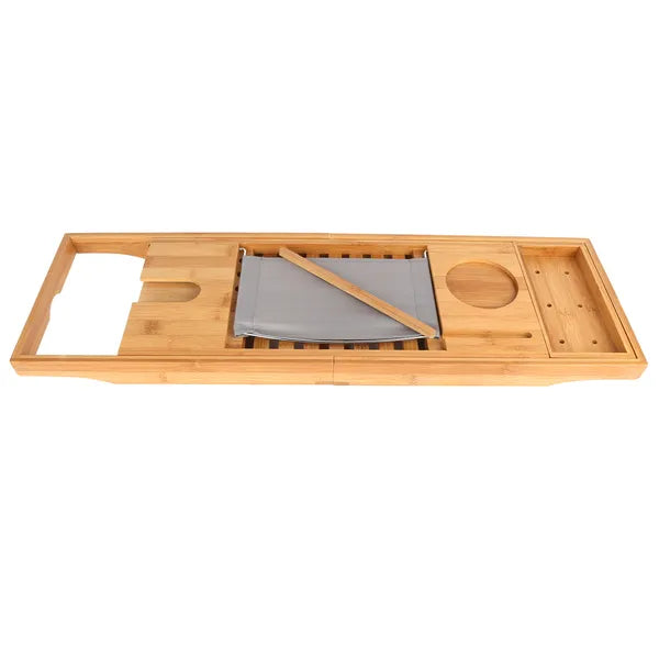 Bamboo Bathtub Caddy Tray - Expandable Bath Shelf with Book and Tablet Holder