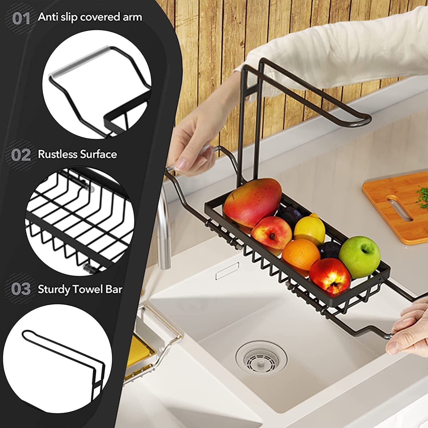 Expandable Kitchen Sink Caddy Organizer - Stainless Steel Sponge & Brush Holder