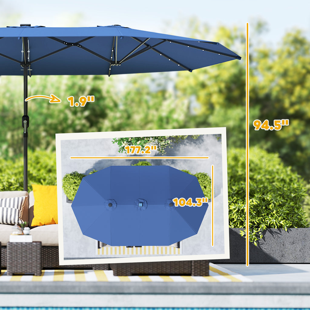 Double-Sided Patio Umbrella with LED Solar Lights - 15ft Outdoor Sun Shade