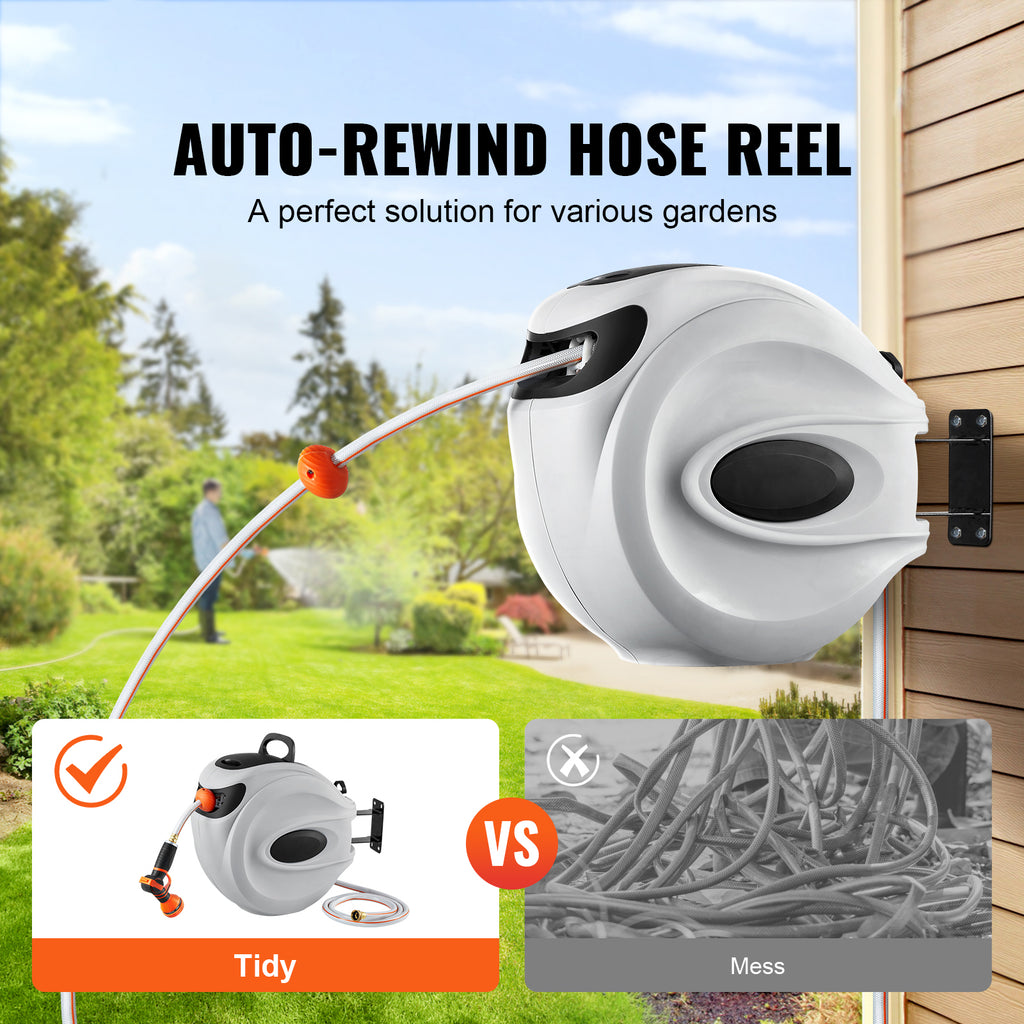 Retractable Garden Hose Reel - Auto-Rewind Wall Mounted Swivel