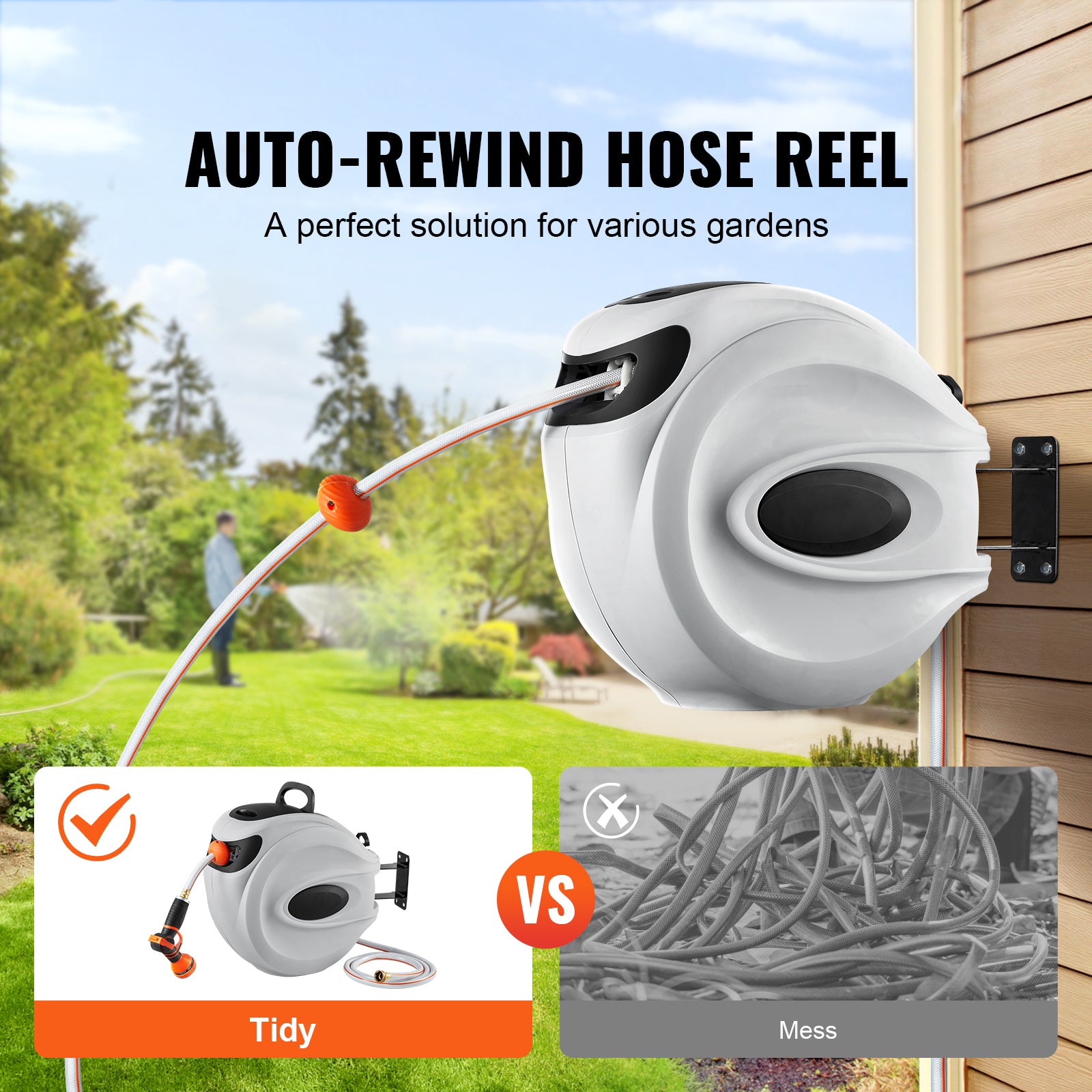 Retractable Garden Hose Reel - Auto-Rewind Wall Mounted Swivel