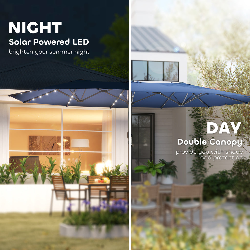 Double-Sided Patio Umbrella with LED Solar Lights - 15ft Outdoor Sun Shade