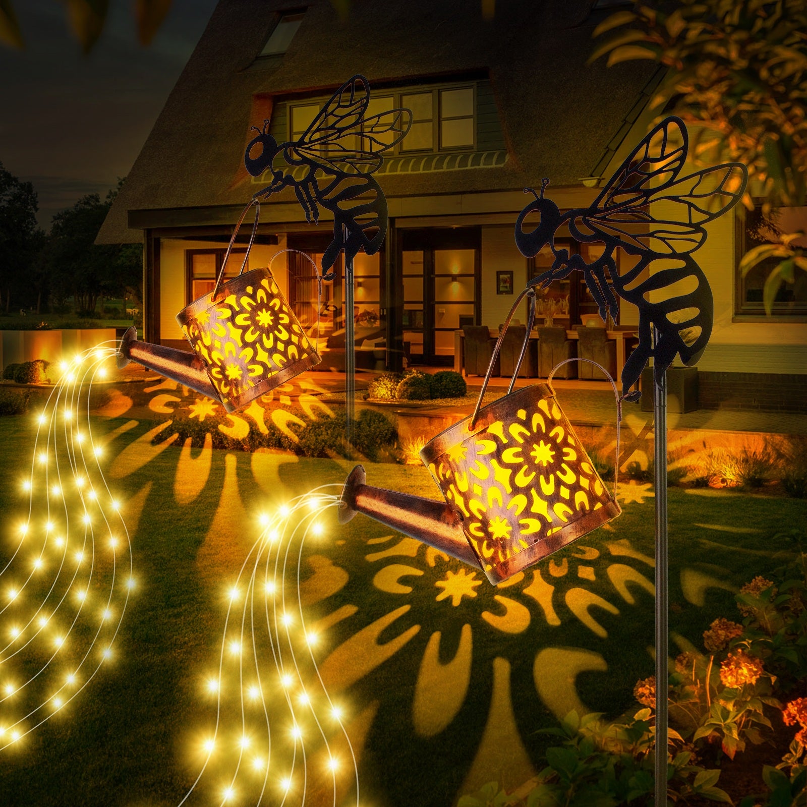 Solar Garden Watering Can Lights - Decorative Flower-Shaped Outdoor Pathway Lights