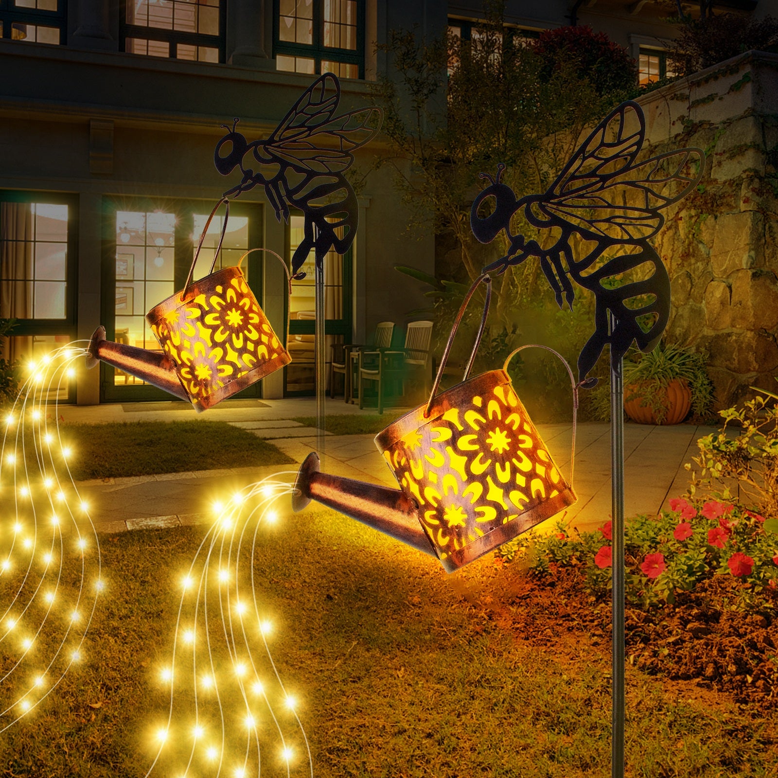 Solar Garden Watering Can Lights - Decorative Flower-Shaped Outdoor Pathway Lights