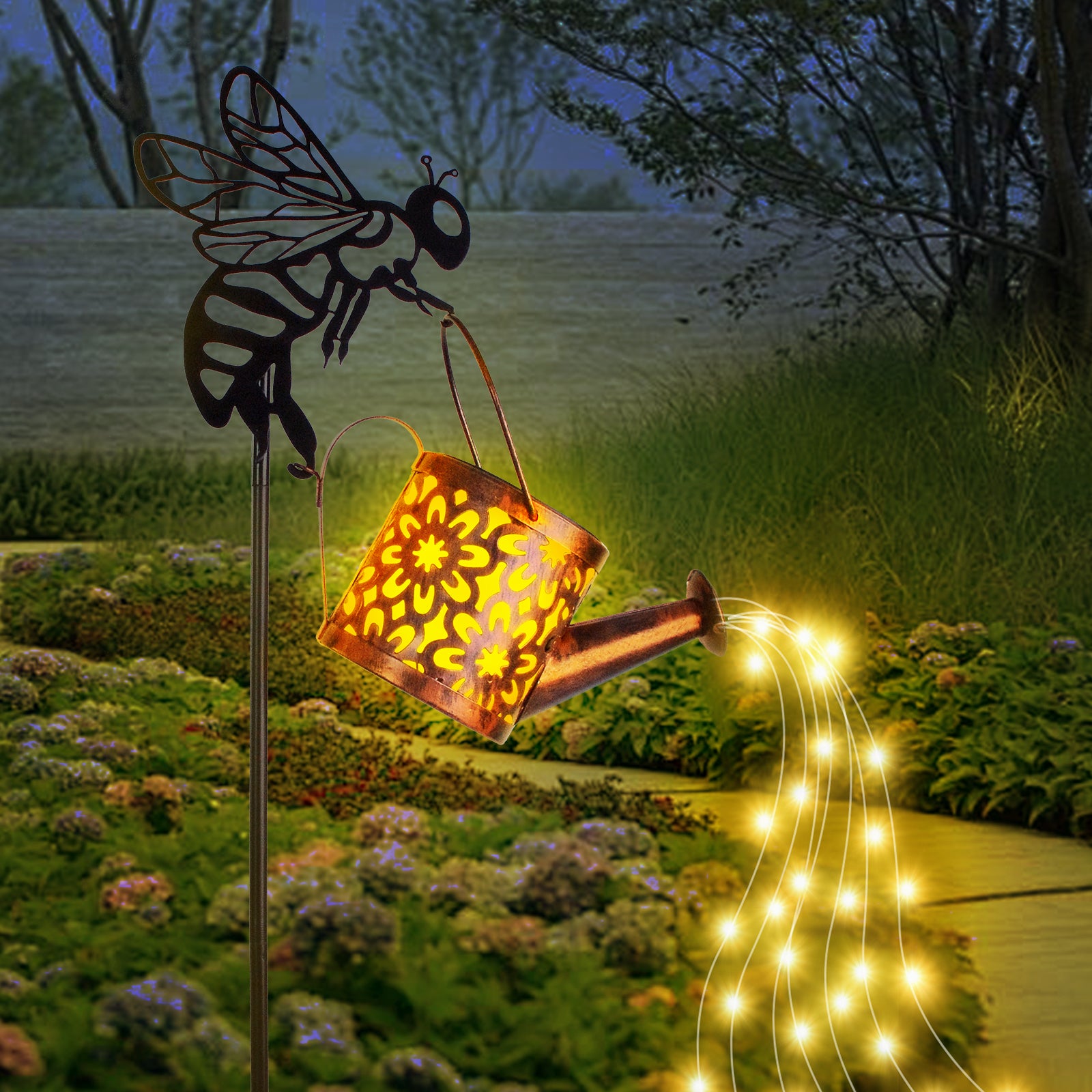 Solar Garden Watering Can Lights - Decorative Flower-Shaped Outdoor Pathway Lights