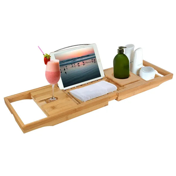 Bamboo Bathtub Caddy Tray - Expandable Bath Shelf with Book and Tablet Holder