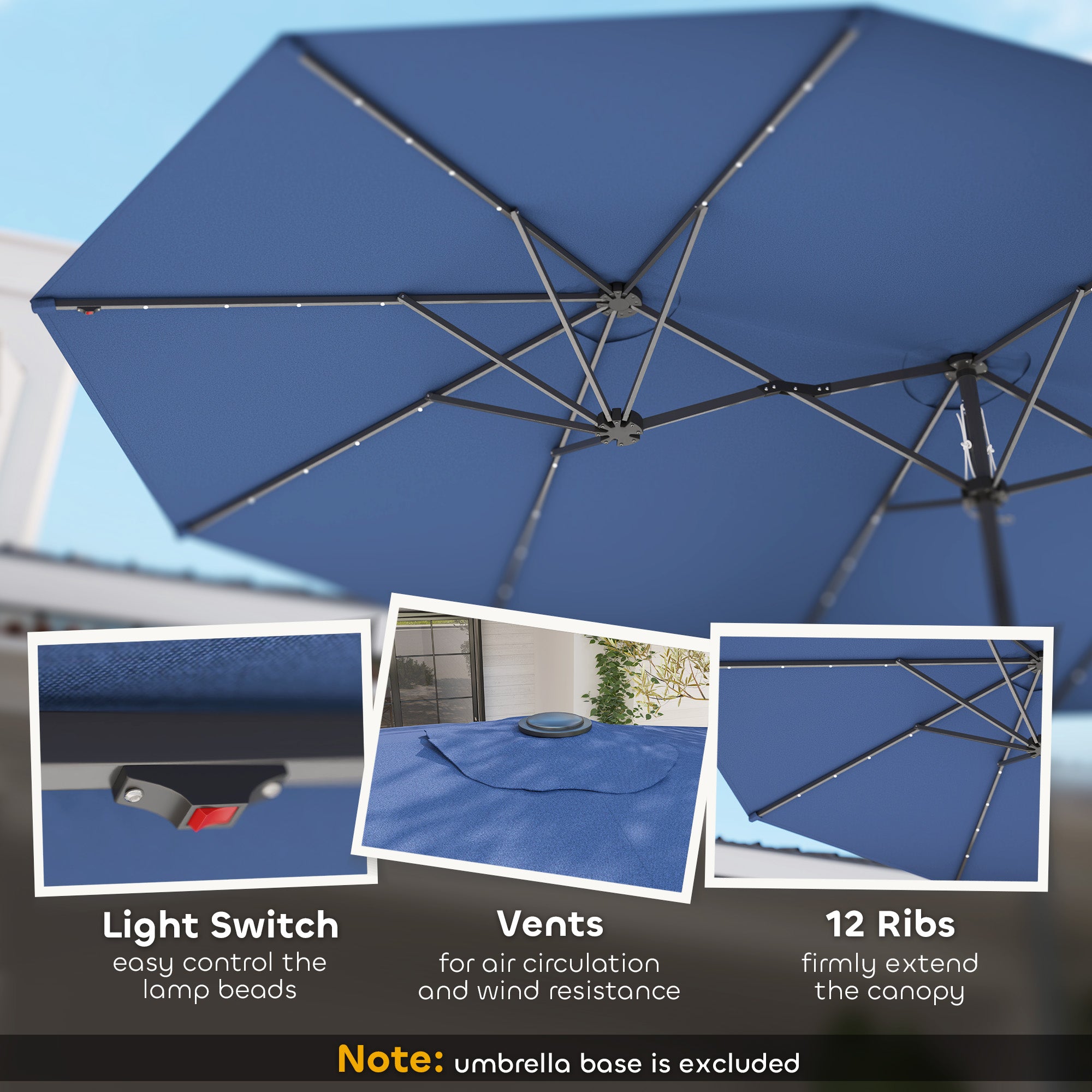 Double-Sided Patio Umbrella with LED Solar Lights - 15ft Outdoor Sun Shade