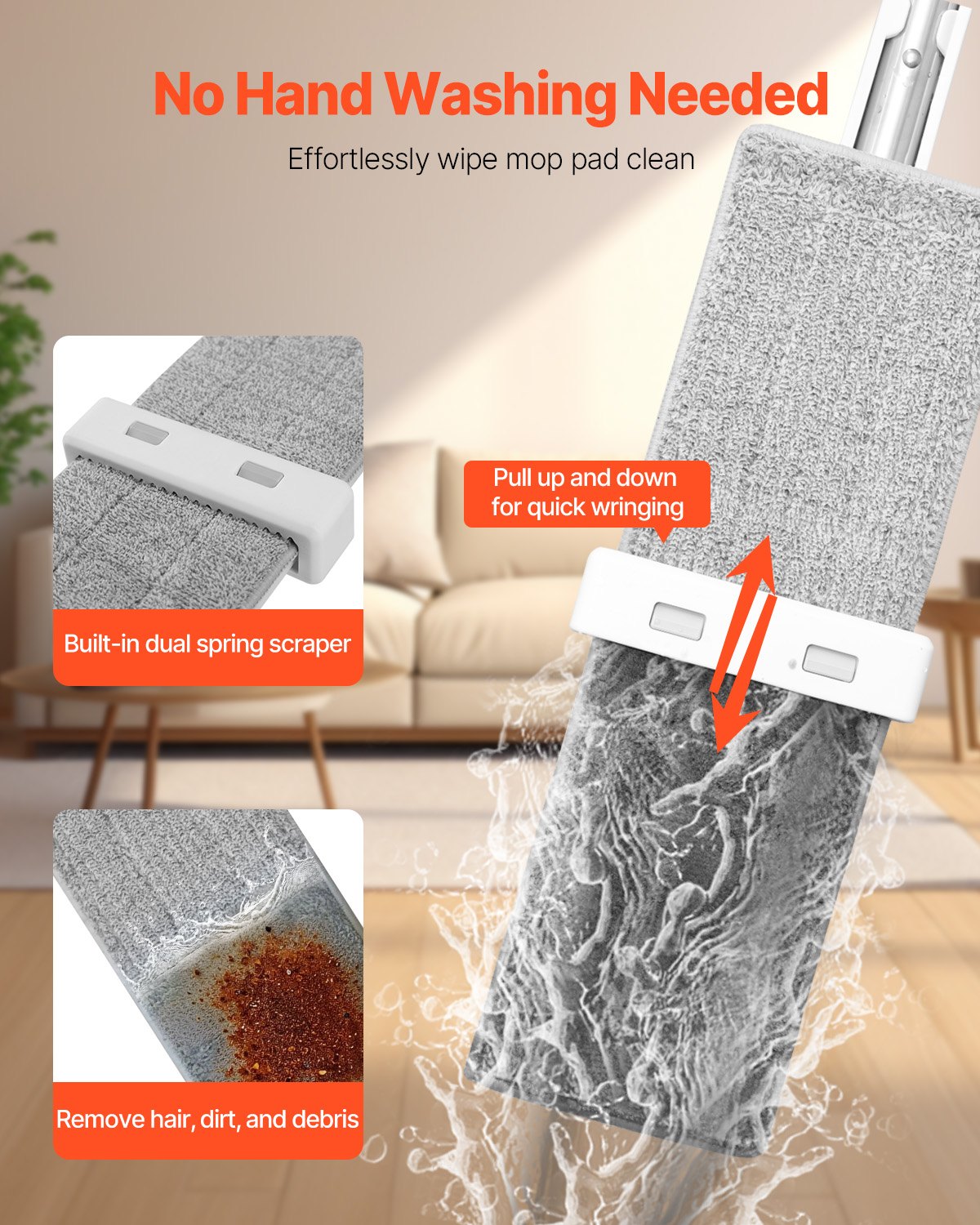 Self-Wringing Flat Mop with 4 Reusable Microfiber Pads - 360° Floor Cleaner