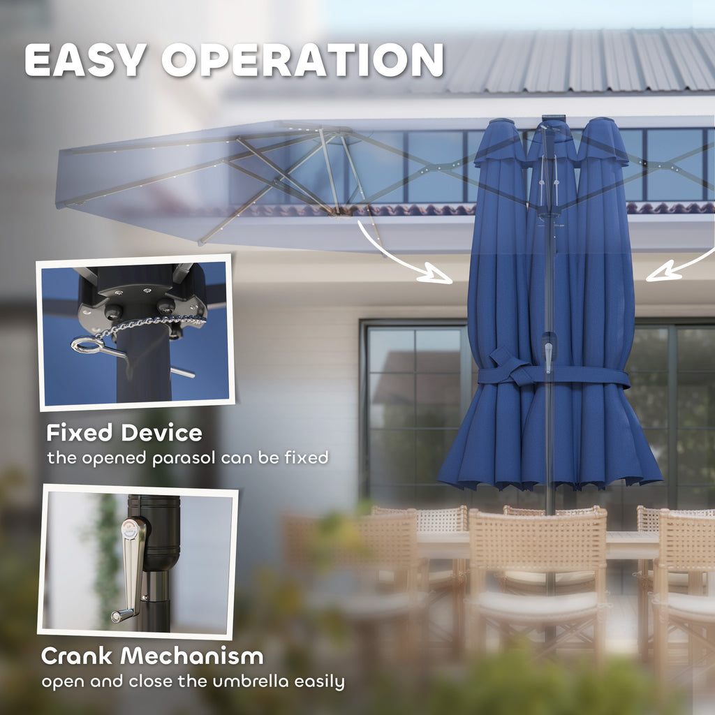 Double-Sided Patio Umbrella with LED Solar Lights - 15ft Outdoor Sun Shade