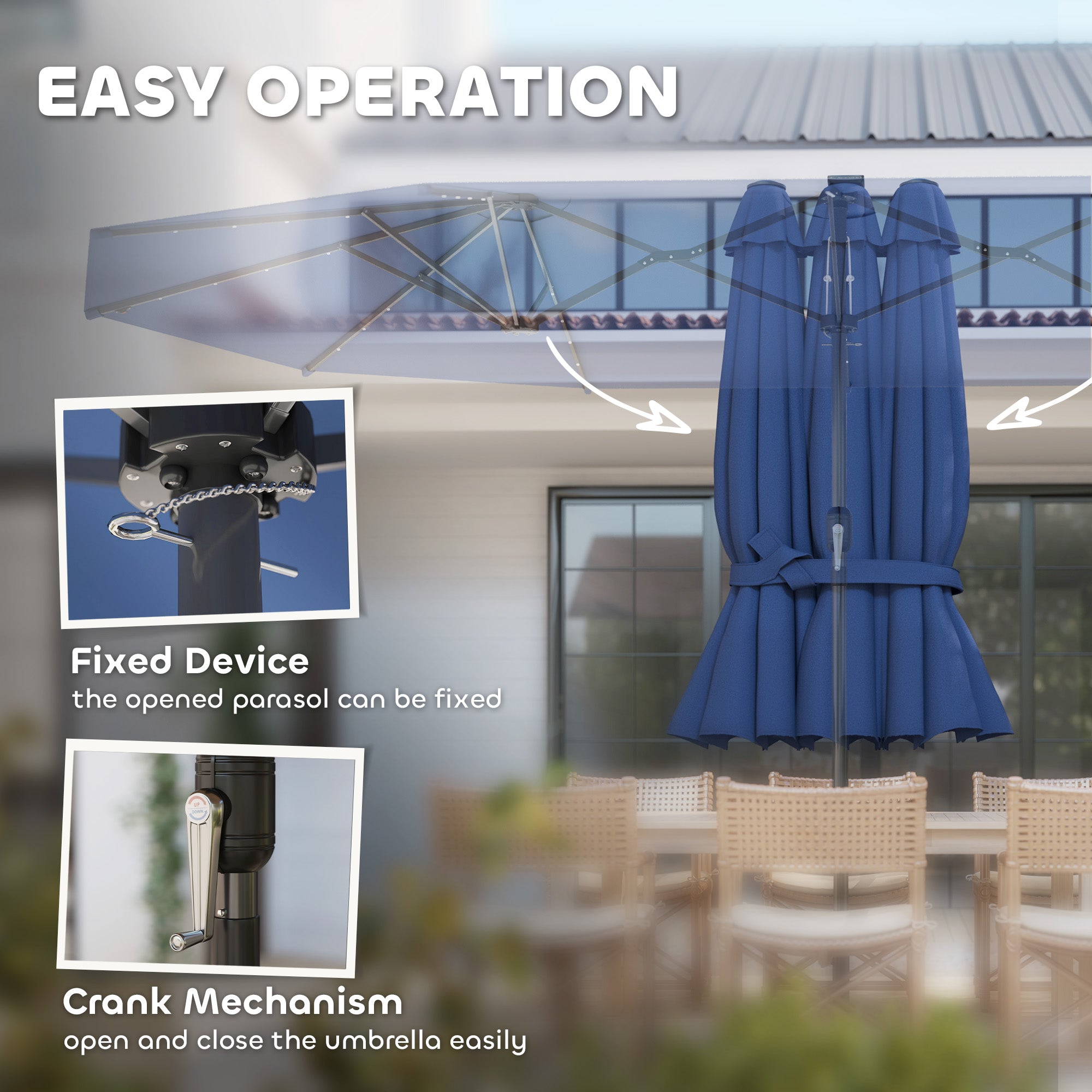 Double-Sided Patio Umbrella with LED Solar Lights - 15ft Outdoor Sun Shade